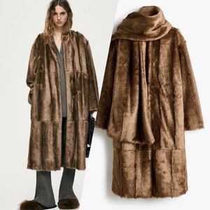 Viral H&M Fur Coat With Scarf-Detail New Luxurious Brown Faux Fur Coat Sz Small